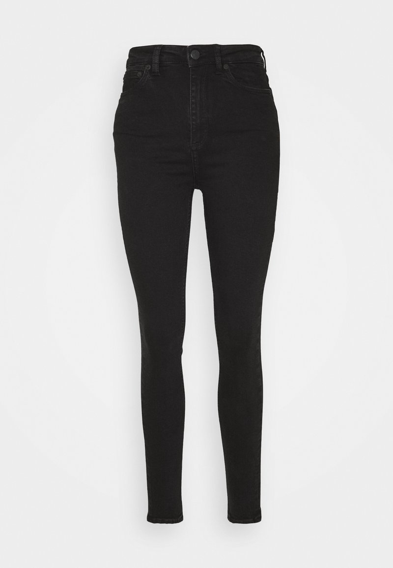 Jean noir skinny taille haute avec fermeture à boutons et fermeture éclair à l'avant, poches avant et arrière, présenté sur un fond blanc.