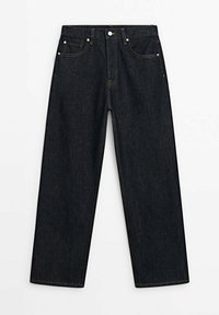 Jean en denim bleu foncé avec taille haute, coupe droite, cinq poches et rivets en cuivre. Texture lisse avec une finition légèrement délavée.