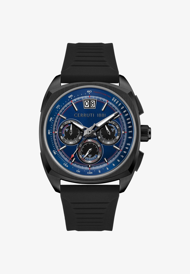 Die Cerruti 1881 Uhr verfügt über ein rechteckiges schwarzes Gehäuse, ein blaues Zifferblatt mit drei Zähleranzeigen, silberne Akzente und ein strukturiertes schwarzes Gummiband.
