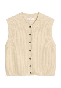 Hellbeige ärmellose Strickjacke mit Rippstruktur, runder Ausschnitt und sechs dunklen Knöpfen auf der Vorderseite.