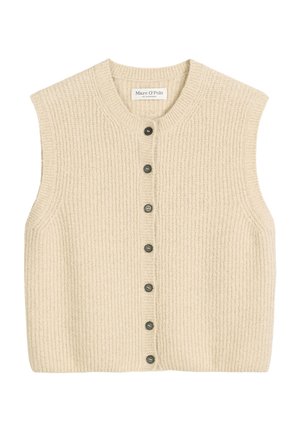 Cardigan sans manches beige clair avec une texture côtelée, comportant un col rond et six boutons foncés sur le devant.