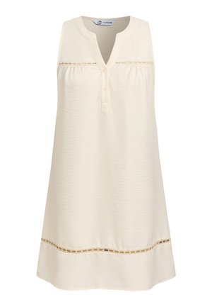 Mouwloze crèmekleurige jurk met V-hals, twee knopen aan de voorkant en decoratieve horizontale kantstrook bij de borst en zoom.