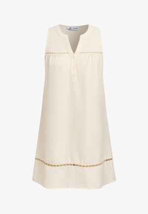Mouwloze crèmekleurige jurk met V-hals, twee knopen aan de voorkant en decoratieve horizontale kantstrook bij de borst en zoom.