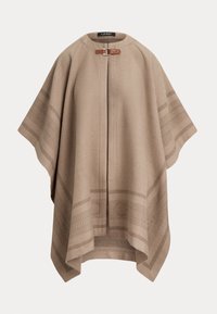 Poncho beige realizzato in tessuto testurizzato, con collo alto, chiusura con zip e dettagli in pelle marrone al collo. Motivi a righe sottili.