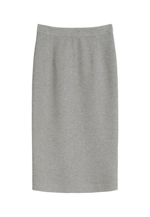 Gray pencil skirt made of soft fabric, featuring a fitted silhouette, elastic waistband, and discreet side seams for a clean finish.