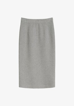 Grijze kokerrok van zachte stof, met een getailleerde silhouet, elastische tailleband en discreet zijnaad voor een nette afwerking.