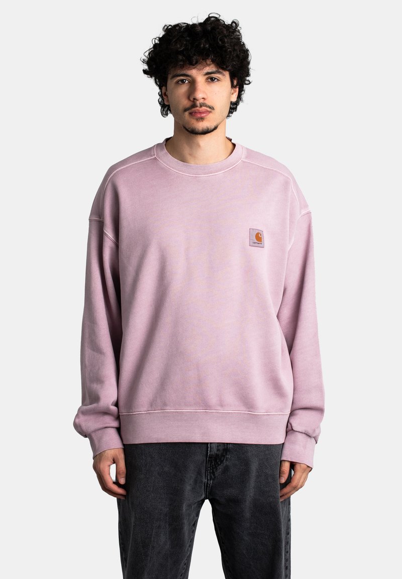 Felpa rosa con collo e polsini a costine, caratterizzata da una piccola toppa con logo sul petto e una vestibilità comoda, realizzata in morbido cotone misto.