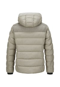 Leichte Wickeljacke in Beige mit Kapuze, ausgestattet mit gestepptem Muster, grauen Schulterpaneelen und elastischen Bündchen.