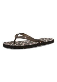 Sort flip-flop med pink abstrakt mønster på sålen, der har fleksible remme. Letvægtsdesign velegnet til afslappet brug.