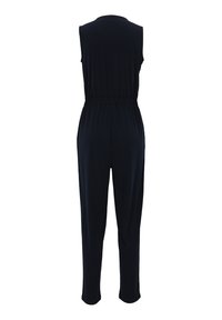 Navy blue sleeveless jumpsuit with an elastic waistband, tapered legs, and smooth fabric. Features a round neckline and back detail.