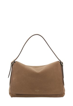 Brown suede handbag with a curved top, a folded design, and a single top handle. Features minimalist gold-tone branding on the front.