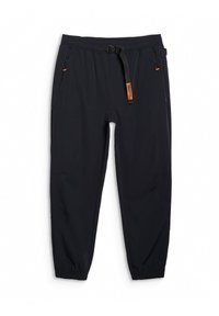 Pantalon de jogging noir à taille élastique avec sangle réglable à boucle, poches latérales zippées et bas de jambes élastiqués aux chevilles.