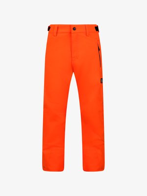 Bright orange outdoor pants with belt loops, a front button, and a zippered side pocket against a white background.