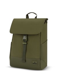 Olívazöld szövet hátizsák fedéllel, állítható csattal, elülső pánttal és oldalsó zsebekkel. Négyzet alakú és struktúrált felületű.