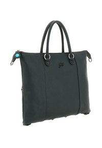 Borsa a tracolla in pelle grigio scuro con due manici arrotondati, ferramenta argentata e un accento turchese. Presenta una finitura testurizzata e un dettaglio con il logo.