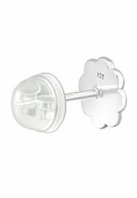 Orecchino a forma di fiore in argento con una perla trasparente al centro. Contrassegnato con "925" per indicare l'argento sterling.