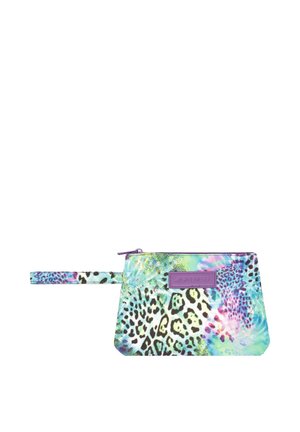 Piccola pochette con cerniera e cinturino da polso, con stampa animale colorata in tonalità di blu, verde, viola e rosa.