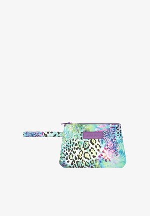 Piccola pochette con cerniera e cinturino da polso, con stampa animale colorata in tonalità di blu, verde, viola e rosa.