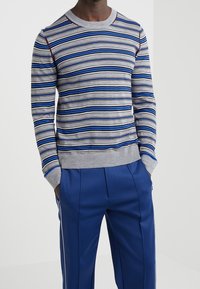 Suéter gris a rayas con franjas horizontales azules y marrones, cuello redondo y puños acanalados, combinado con pantalones azules.