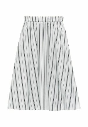 White skirt with vertical black stripes, featuring an elastic waistband and a flowy design. Material appears lightweight and smooth.