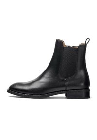 Stivaletto in pelle nera con finitura liscia, pannelli laterali elastici, punta rotonda e tacco basso a blocco. Include un pratico tassello per infilarlo.