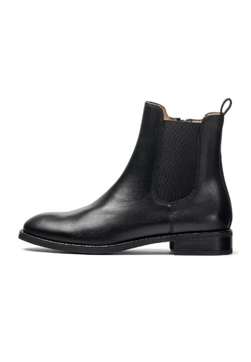 Stivaletto in pelle nera con finitura liscia, pannelli laterali elastici, punta rotonda e tacco basso a blocco. Include un pratico tassello per infilarlo.