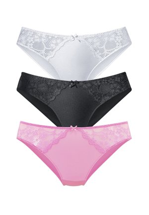Three pairs of women's panties: white, black, and pink. Each features lace detailing and a central bow accent at the waistband.