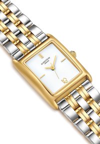 Reloj rectangular con una esfera blanca texturizada, acentos dorados y una pulsera de metal plateada y dorada. Cuenta con marcadores de horas minimalistas y una corona.