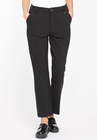 Black tailored pants with a fitted waist, button closure, two front pockets, and a straight leg design, made from a smooth, stretchy material.