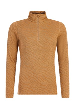 Langærmet, halvlange lynlås pullover i et varmt, gyldent brunt stof med et struktureret, bølget mønster. Har høj hals og tætsiddende ærmer.