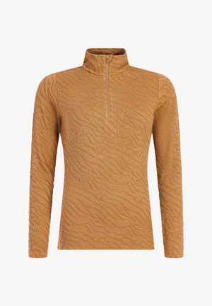 Pullover con maniche lunghe e zip a metà in un caldo tessuto marrone dorato con un motivo testurizzato e ondulato. Presenta un collo alto e maniche aderenti.