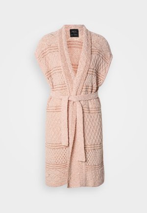 Textured pink bathrobe with a shawl collar, short sleeves, and a matching belt; features diagonal diamond and horizontal stripe patterns.
