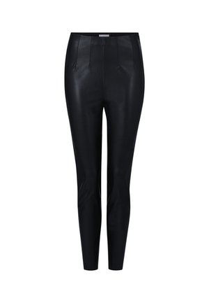 Fekete, magas derekú, slim-fit bőr nadrág, finom függőleges varrással az elején, szűkített bokánál.