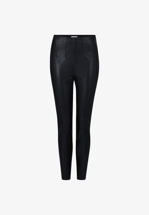 Black high-waist slim-fit leather pants with subtle vertical seam details on the front, tapered at the ankles.