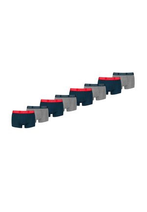Ten pairs of boxer briefs featuring a dark navy and gray color scheme with contrasting red elastic waistband and logo accents.