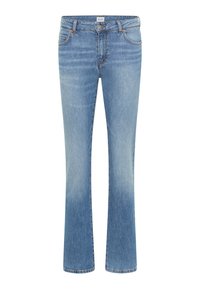 Jeans de mezclilla azul claro con un diseño de pierna acampanada, que presentan un estilo tradicional de cinco bolsillos y detalles de costura visibles.