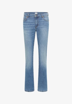 Heledad sinine teksapüksid, millel on laienev jalgade disain, traditsiooniline viie tasku stiil ja nähtavad õmbluse detailid.