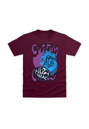 Maroon t-shirt featuring a blue motorcycle graphic with "Custom" and "Bike Nurd" text in a stylized font against a colorful background.