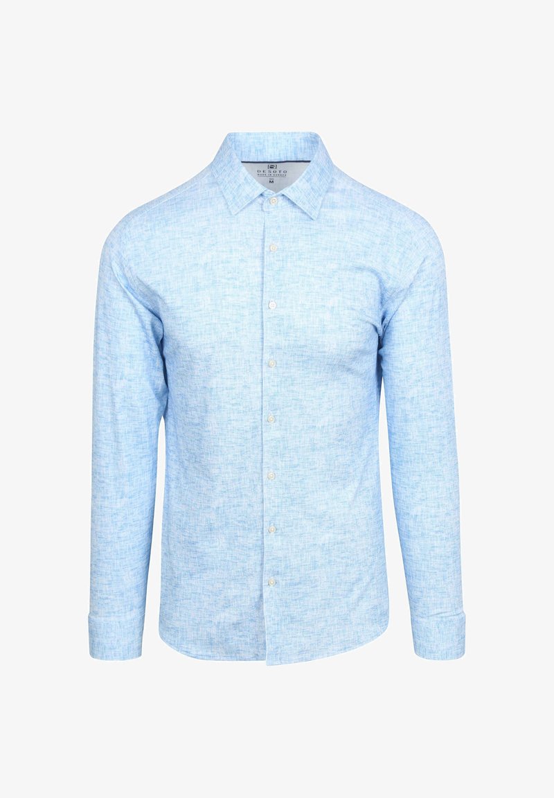 Lichtblauw overhemd met lange mouwen van textuurstof, met een klassiek kraag, knopen aan de voorkant en een enkele borstzak.