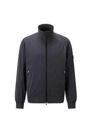 Navy blue bomber jacket with a high collar, front zip closure, elastic cuffs, and two side pockets with metallic accents. Smooth fabric texture.