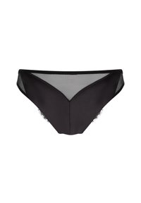 Sous-vêtements de style bikini pour femmes noires, avec un panneau en tulle transparent en haut et des bordures en dentelle.