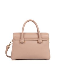 Sac à main en cuir texturé beige avec des poignées rondes doubles et une bandoulière amovible sur fond blanc.