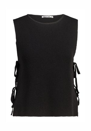 Black sleeveless knit top with a textured fabric, round neckline, and adjustable ties on both sides for a fitted silhouette.
