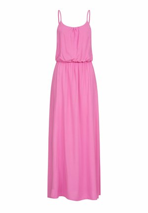 Rosa Maxikleid mit dünnen Trägern, elastischem Taillenbund und weichem, fließendem Stoff, der eine lässige Passform und ein minimalistisches Design bietet.