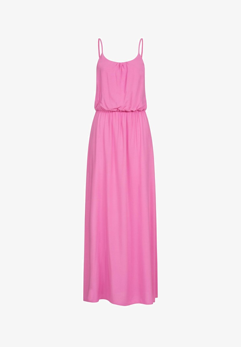 Rosa maxikjole med tynde stropper, elastisk talje og blødt, let stof, der har en afslappet pasform og minimalistisk design.