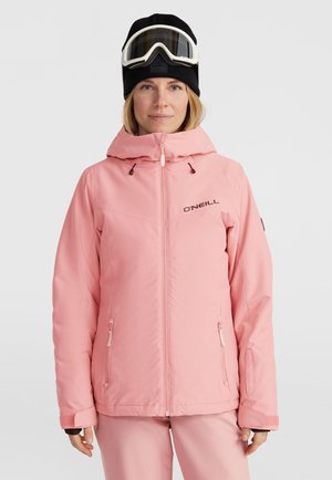 Giacca da neve impermeabile rosa con zip frontale, cappuccio regolabile, tasche laterali e logo sul petto. Texture morbida e polsini con zip.