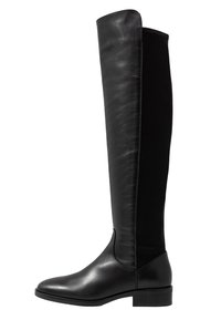 Bottes noires montantes jusqu'aux genoux avec un avant en cuir lisse et un dos en tissu extensible, dotées d'un bout rond et d'un design minimaliste. Talon blocs.