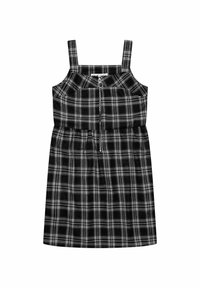 Robe sans manches à carreaux noir et blanc avec fermeture éclair à l'avant et décolleté carré, présentant une taille froncée pour une silhouette ajustée.