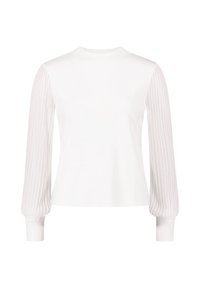 Blouse blanche à manches longues avec des manches côtelées légèrement transparentes et des poignets serrés, dotée d'un col montant et d'un panneau avant lisse.