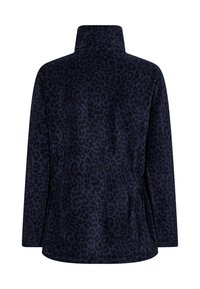 Marineblå fleece-pullover med høj krave og leopardmønster. Blød tekstur, lange ærmer og elastiske sidelange detaljer for en afslappet pasform.